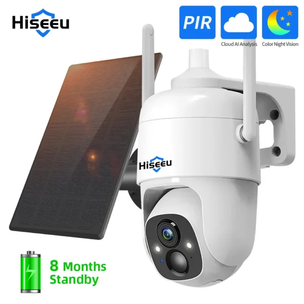 Hiseeu 3MP PTZ AI WiFi Video Security Surveillance Camera with Solar Panel Outdoor Ai tracking CCTV Security Surveillance Camera
