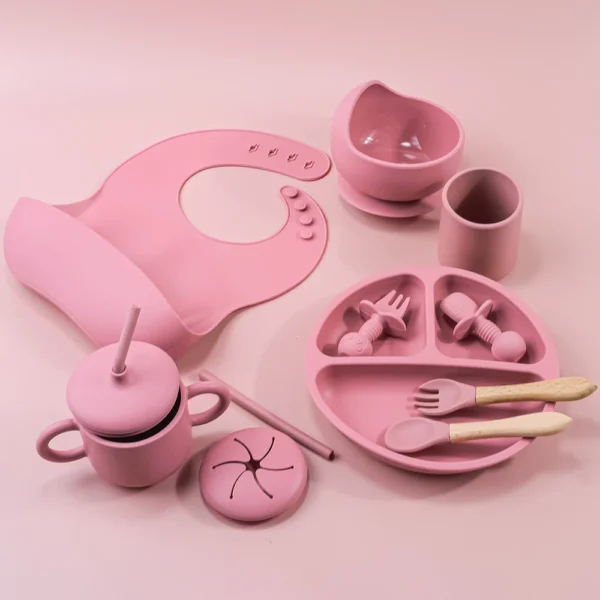 10Pcs Baby Silicone Feeding Set Round Dining Plate Sucker Bowl Dishes For Kids Baby Waterproof Bib Spoon Children's Tableware